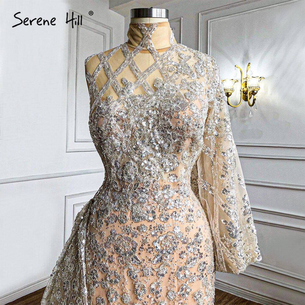 Meerjungfrau Gold Luxus Mit Rock Abendkleider Kleider 2025 Perlen Elegant Eine Schulter Für Frauen Party LA71094 