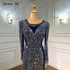 Meerjungfrau Luxus Blau Silber Abendkleider Kleider 2025 Split Elegante Sparkle Sexy Für Frauen Party LA71050 