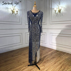 Meerjungfrau Luxus Blau Silber Abendkleider Kleider 2025 Split Elegante Sparkle Sexy Für Frauen Party LA71050 