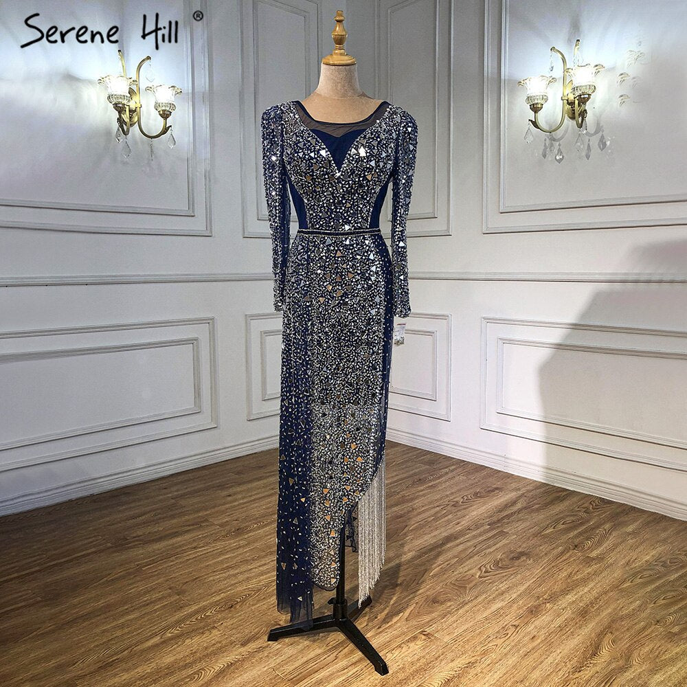 Meerjungfrau Luxus Blau Silber Abendkleider Kleider 2025 Split Elegante Sparkle Sexy Für Frauen Party LA71050 