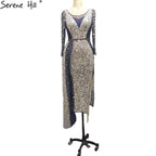 Meerjungfrau Luxus Blau Silber Abendkleider Kleider 2025 Split Elegante Sparkle Sexy Für Frauen Party LA71050 