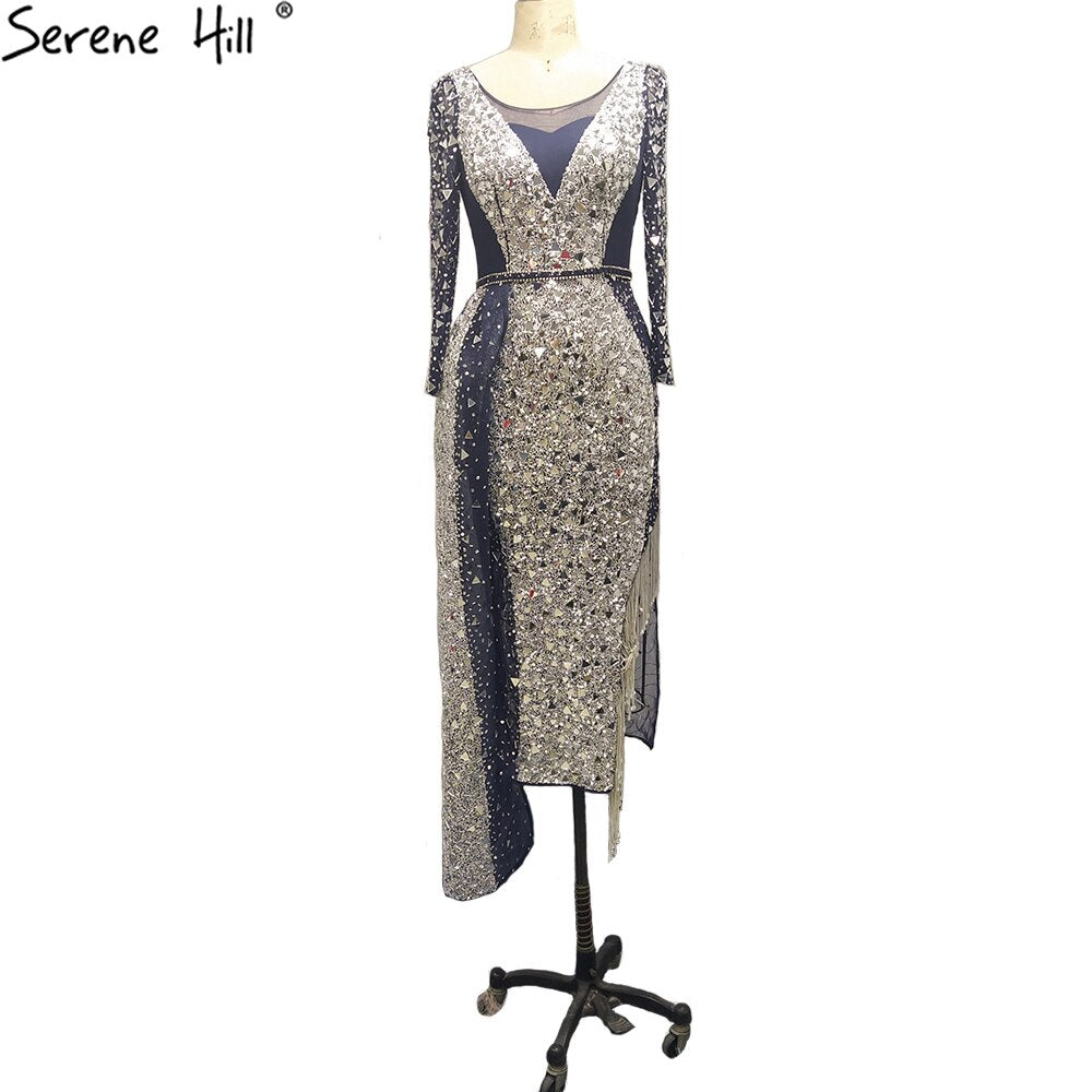 Meerjungfrau Luxus Blau Silber Abendkleider Kleider 2025 Split Elegante Sparkle Sexy Für Frauen Party LA71050 