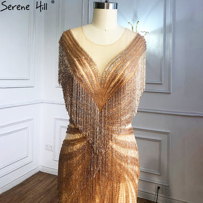 Mermaid Luxury Gold Evening Dresses Gowns 2025 Beading Tassel Elegant For Women Party LA70907