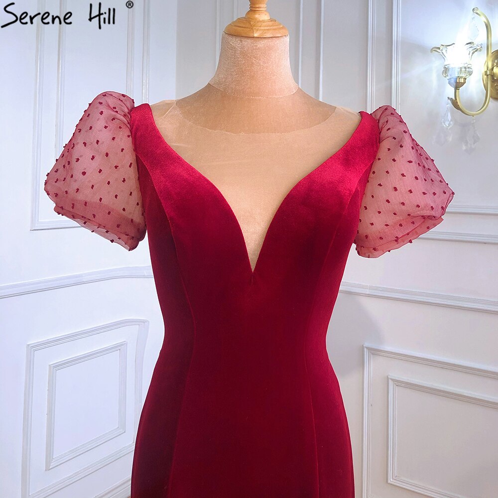 Verkauf Meerjungfrau Wein Rot Elegante Abendkleider Kleider 2025 Puff Ärmeln Perlen Für Frauen Party LA70841 