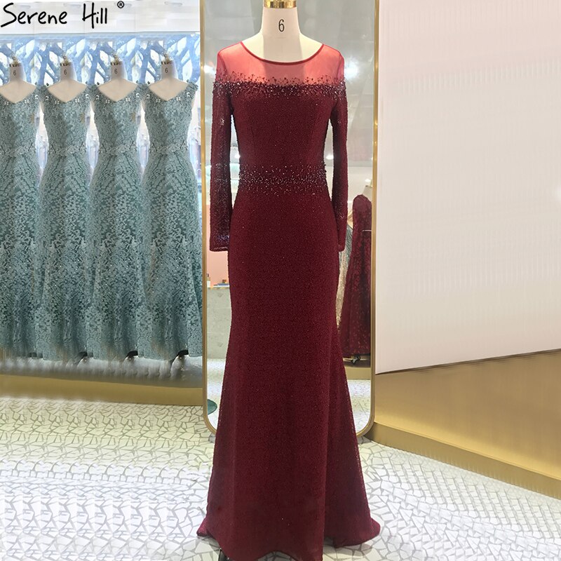 Meerjungfrau Weinrot O-Ausschnitt Abendkleider 2025 Einsame Ärmel Perlen Luxus Abendkleid Design LA70730 