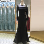 Meerjungfrau Weinrot O-Ausschnitt Abendkleider 2025 Einsame Ärmel Perlen Luxus Abendkleid Design LA70730 