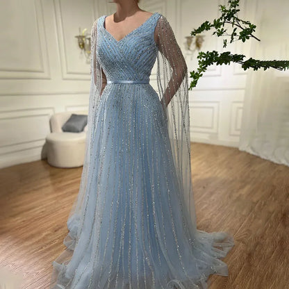 Mint Cape Sleeves A Line Beaded Luxury Dubai Evening Dresses Long 2025 Celebrity Gowns For Woman Party LA71865