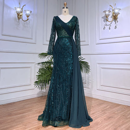 Mint Dubai Muslim Mermaid Puff Sleeves Overskirt Luxury Beaded Evening Dresses Gowns 2025 For Women Party LA72025