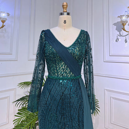 Mint Dubai Muslim Mermaid Puff Sleeves Overskirt Luxury Beaded Evening Dresses Gowns 2025 For Women Party LA72025