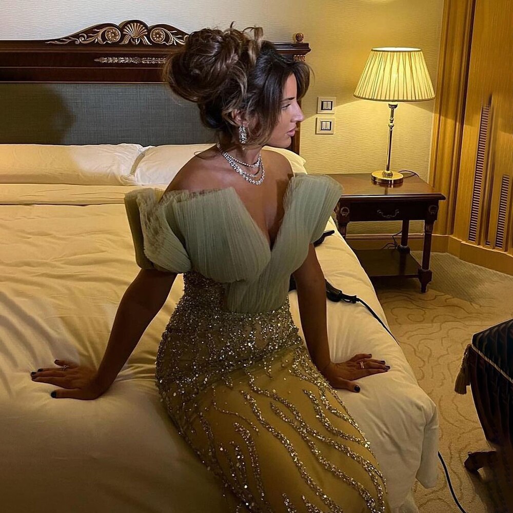 Vestido de noche elegante y sexy de sirena verde menta con escote en V, con perlas de lujo y cuentas, para mujer, fiesta LA71719 