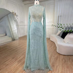 Mint Luxus Meerjungfrau Muslimischen Abendkleider Kleider 2025 Cape Ärmel Perlen Elegante Für Frauen Hochzeit Party LA72182 