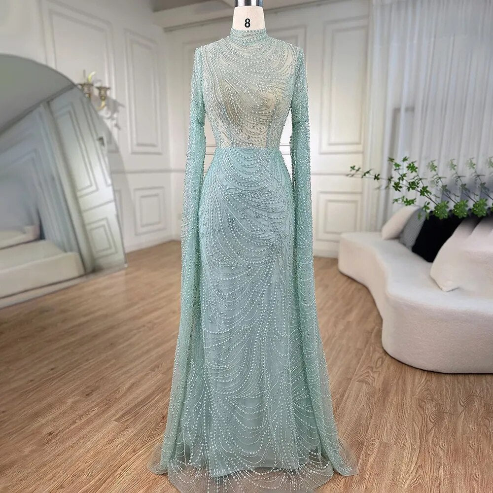 Mint Luxus Meerjungfrau Muslimischen Abendkleider Kleider 2025 Cape Ärmel Perlen Elegante Für Frauen Hochzeit Party LA72182 