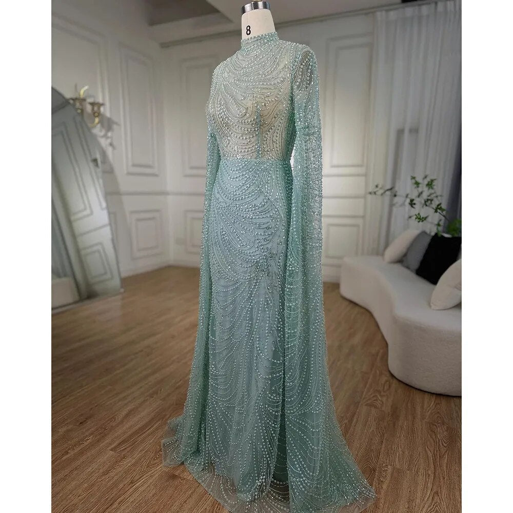 Mint Luxus Meerjungfrau Muslimischen Abendkleider Kleider 2025 Cape Ärmel Perlen Elegante Für Frauen Hochzeit Party LA72182 