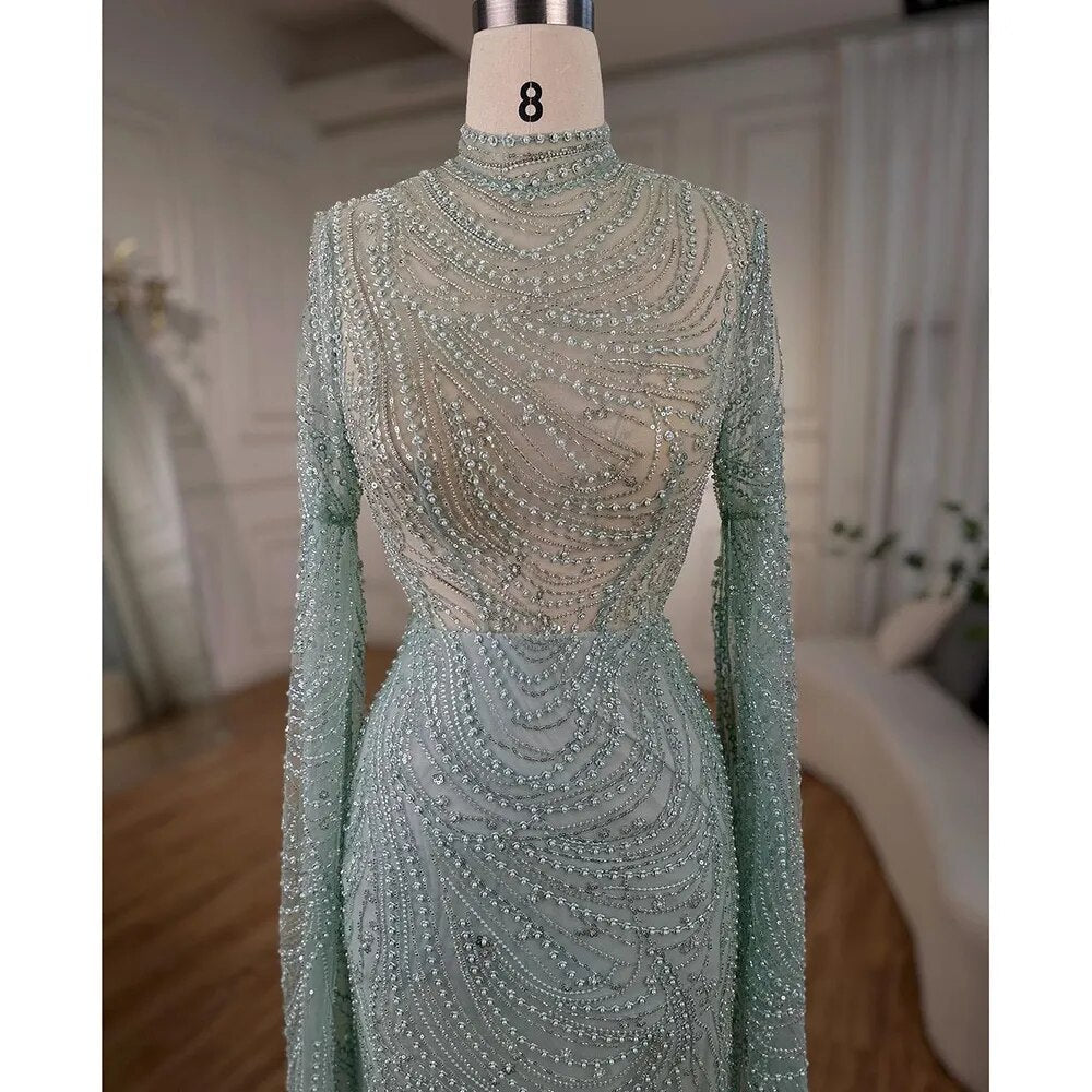 Mint Luxus Meerjungfrau Muslimischen Abendkleider Kleider 2025 Cape Ärmel Perlen Elegante Für Frauen Hochzeit Party LA72182 