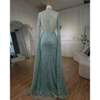 Mint Luxus Meerjungfrau Muslimischen Abendkleider Kleider 2025 Cape Ärmel Perlen Elegante Für Frauen Hochzeit Party LA72182 