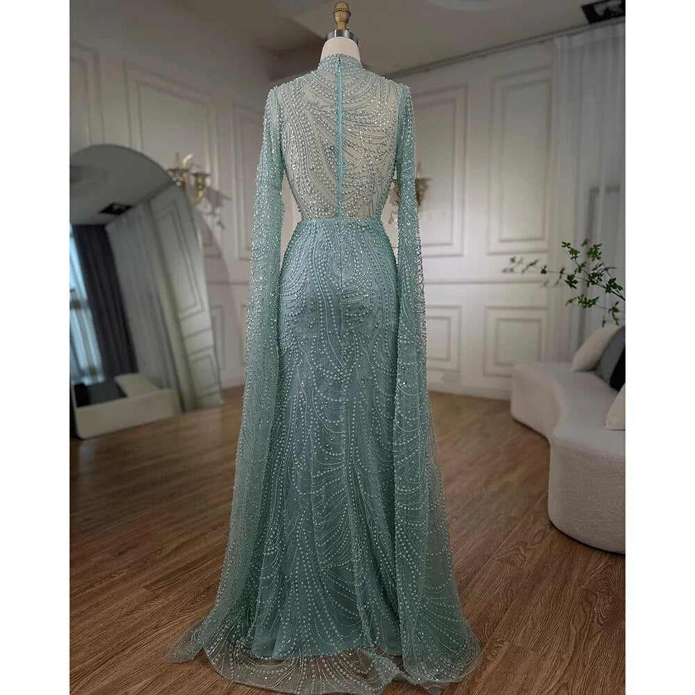 Mint Luxus Meerjungfrau Muslimischen Abendkleider Kleider 2025 Cape Ärmel Perlen Elegante Für Frauen Hochzeit Party LA72182 