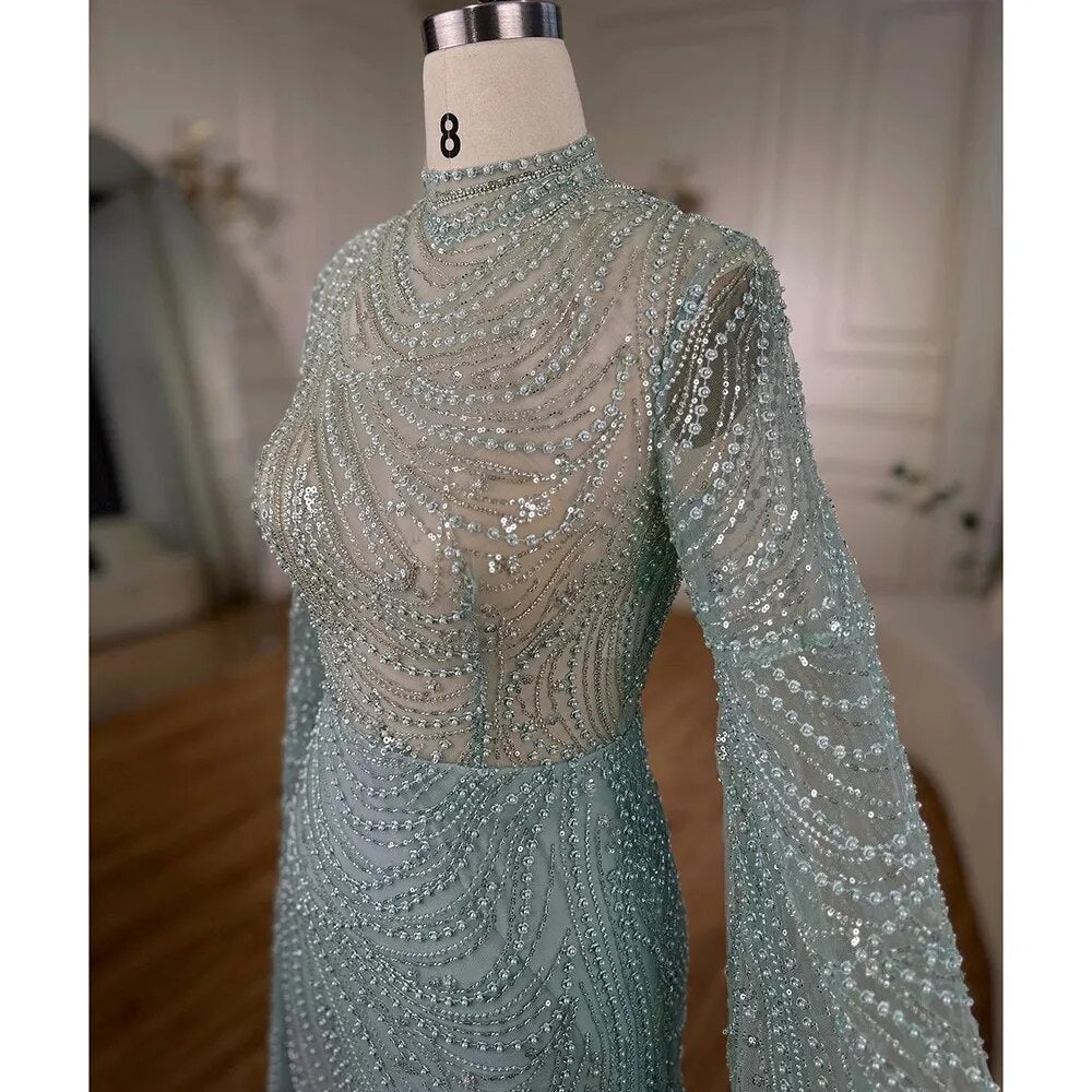 Mint Luxus Meerjungfrau Muslimischen Abendkleider Kleider 2025 Cape Ärmel Perlen Elegante Für Frauen Hochzeit Party LA72182 