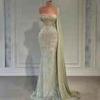 Mint Mermaid Luxus Abendkleider Kleider 2025 Elegante Perlen Eine Schulter Für Frauen Party LA71638 