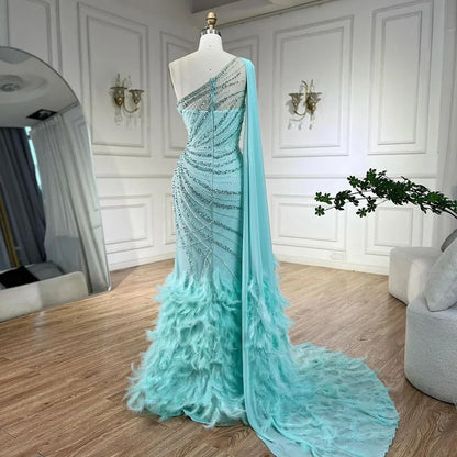Feder Türkis Aqua One Shoulder Meerjungfrau Abendkleid mit Cape LA72399