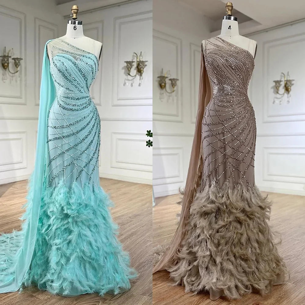 Feder Türkis Aqua One Shoulder Meerjungfrau Abendkleid mit Cape LA72399