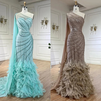 Feder Türkis Aqua One Shoulder Meerjungfrau Abendkleid mit Cape LA72399