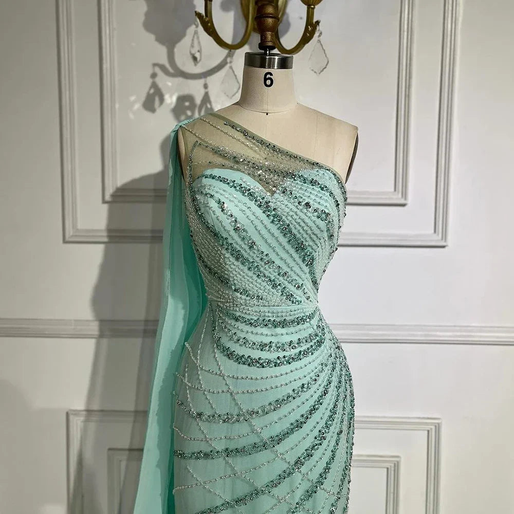 Feder Türkis Aqua One Shoulder Meerjungfrau Abendkleid mit Cape LA72399