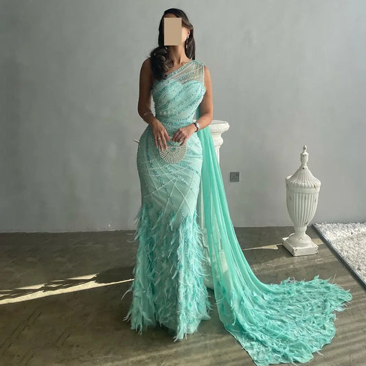 Feder Türkis Aqua One Shoulder Meerjungfrau Abendkleid mit Cape LA72399