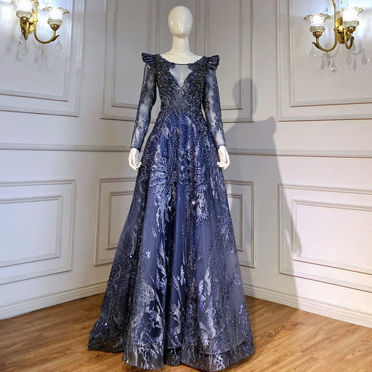 Moslim Blue A-lijn Avond Jurken 2025 Lace Kralen Luxe Voor Vrouw Party LA71552