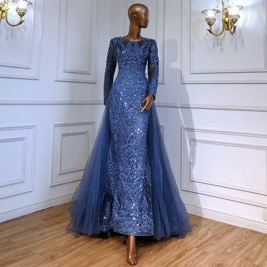 Moslim Blue Mermaid Avond Jurken 2025 Overrok Luxe Kralen Elegant Voor Vrouw Party LA71558
