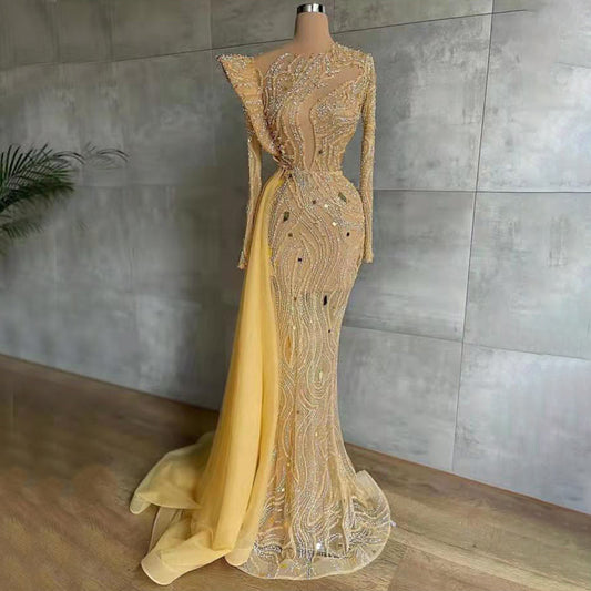 Moslim Goud Overrok Luxe Avond Jurken 2025 Kralen Meramid Elegant Voor Vrouwen Party LA71528