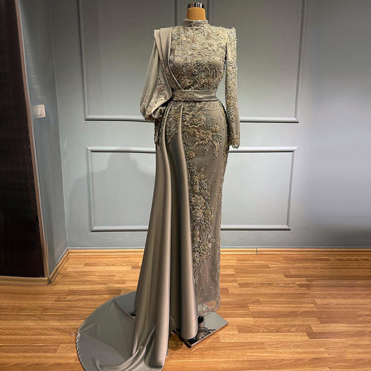 Moslim Grey Mermaid Avond Jurken 2025 Luxe Kralen Elegante Overrok Satijn Voor Vrouwen Party LA71543