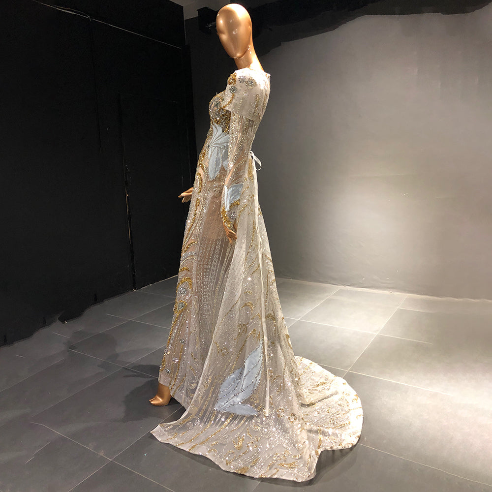Moslim Zilveren Mermaid Overrok Avond Jurken 2025 Kralen Crystal Luxe Elegant Voor Vrouwen Party LA71573
