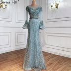 Vestidos de noche musulmanes de sirena azul, elegantes vestidos de noche de lujo con cuentas, para mujer, fiesta LA71128 