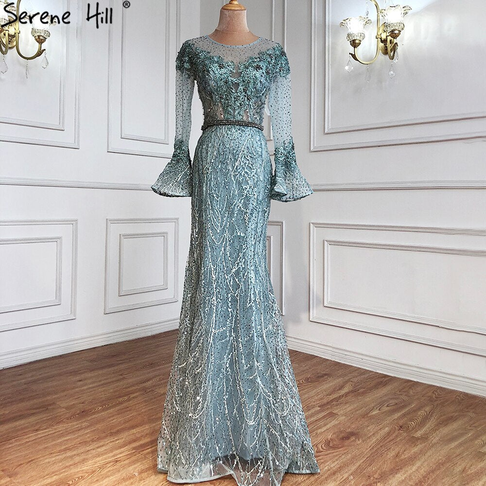 Vestidos de noche musulmanes de sirena azul, elegantes vestidos de noche de lujo con cuentas, para mujer, fiesta LA71128 