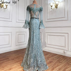 Vestidos de noche musulmanes de sirena azul, elegantes vestidos de noche de lujo con cuentas, para mujer, fiesta LA71128 