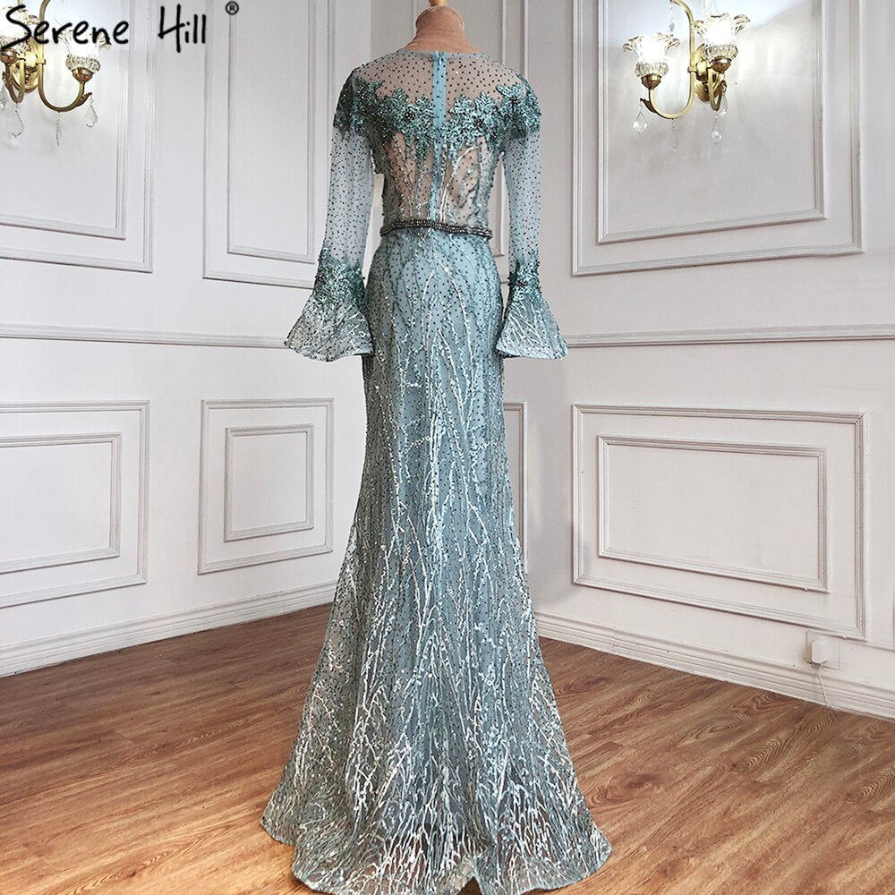 Vestidos de noche musulmanes de sirena azul, elegantes vestidos de noche de lujo con cuentas, para mujer, fiesta LA71128 
