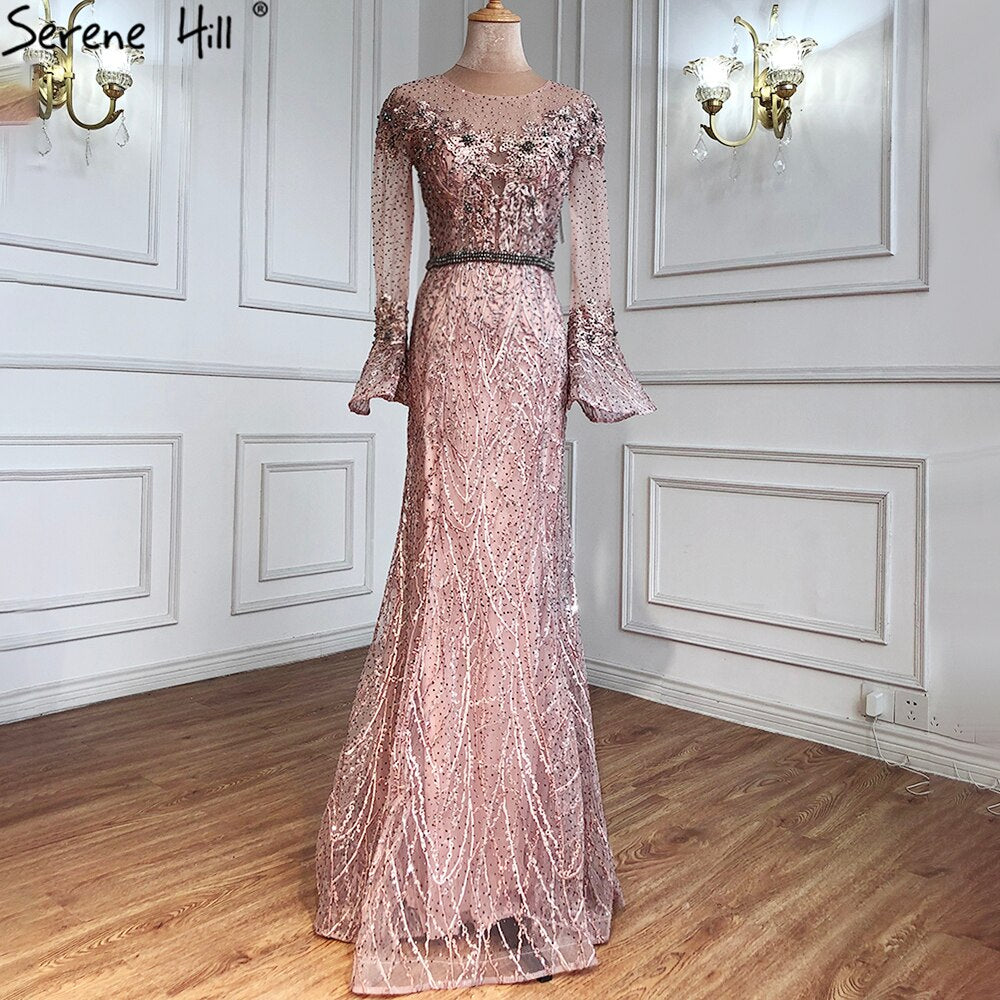 Vestidos de noche musulmanes de sirena azul, elegantes vestidos de noche de lujo con cuentas, para mujer, fiesta LA71128 