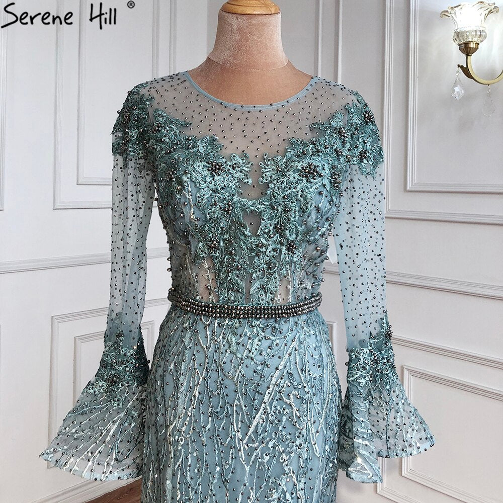 Vestidos de noche musulmanes de sirena azul, elegantes vestidos de noche de lujo con cuentas, para mujer, fiesta LA71128 