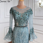 Vestidos de noche musulmanes de sirena azul, elegantes vestidos de noche de lujo con cuentas, para mujer, fiesta LA71128 