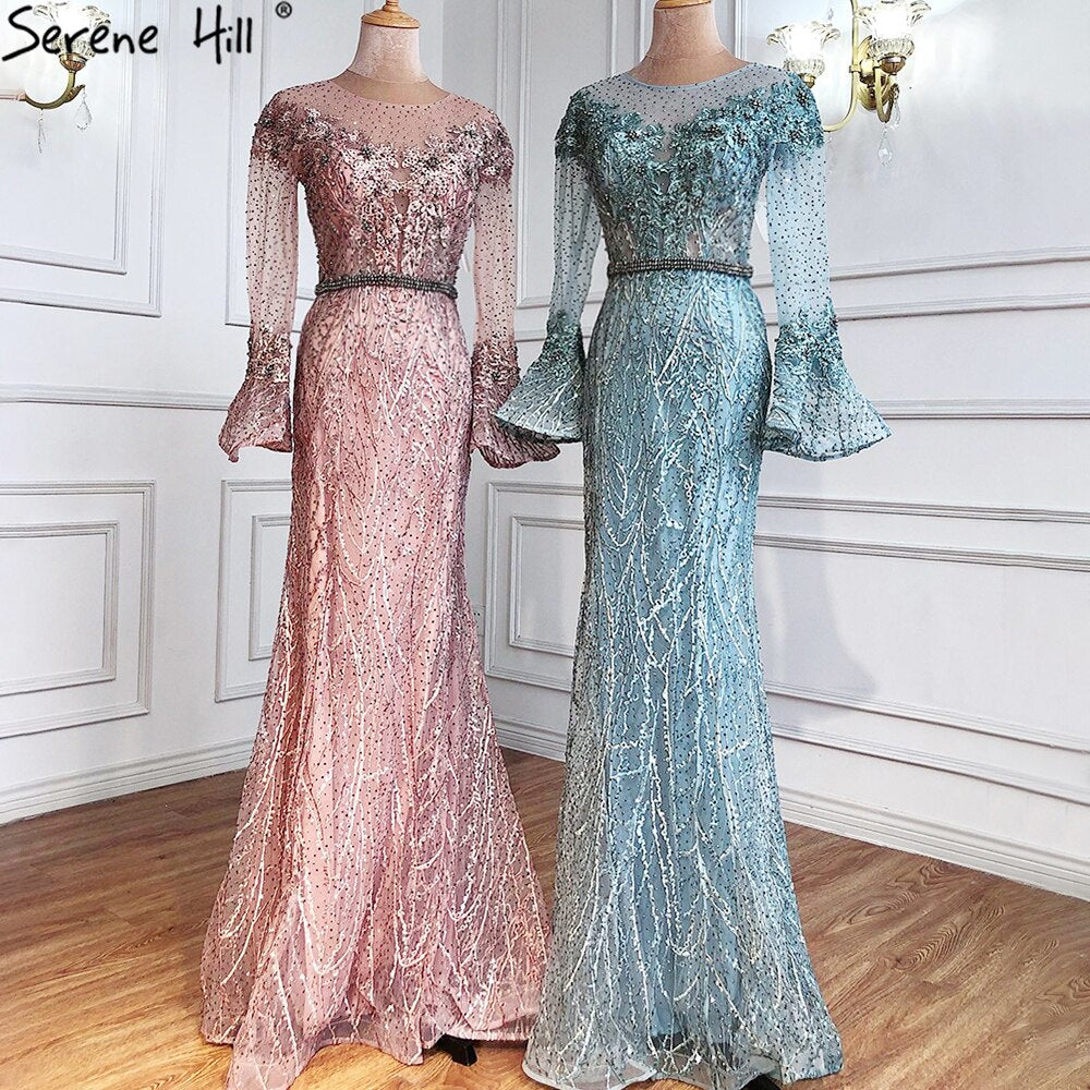 Vestidos de noche musulmanes de sirena azul, elegantes vestidos de noche de lujo con cuentas, para mujer, fiesta LA71128 