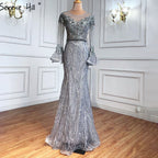 Vestidos de noche musulmanes de sirena azul, elegantes vestidos de noche de lujo con cuentas, para mujer, fiesta LA71128 