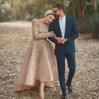 Muslim A-Line Luxury Pearls Beaded Nude  Midi  Ankle Length Evening Dresses Gowns Formal Woman Wedding Party LA72176