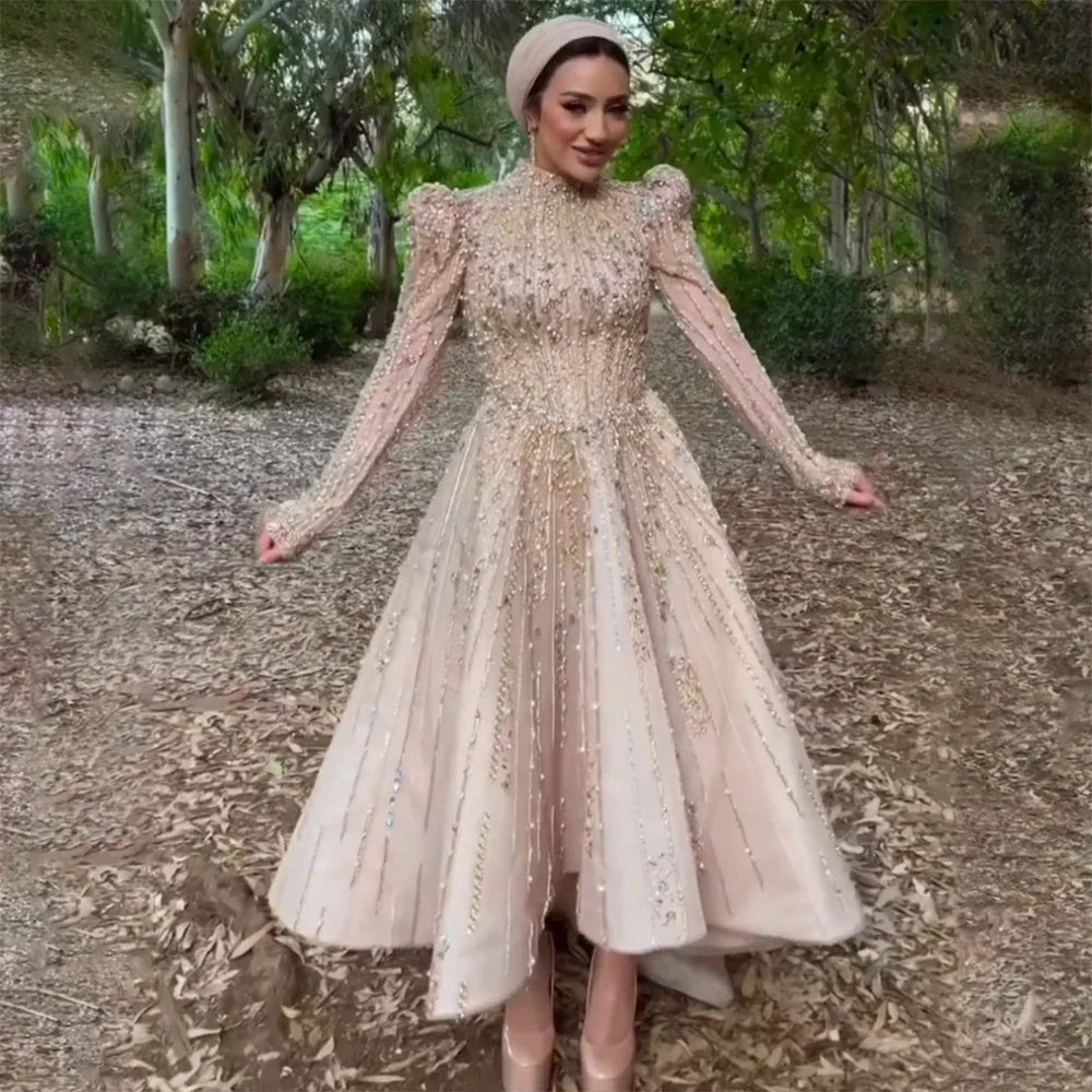 Muslim A-Line Luxury Pearls Beaded Nude  Midi  Ankle Length Evening Dresses Gowns Formal Woman Wedding Party LA72176