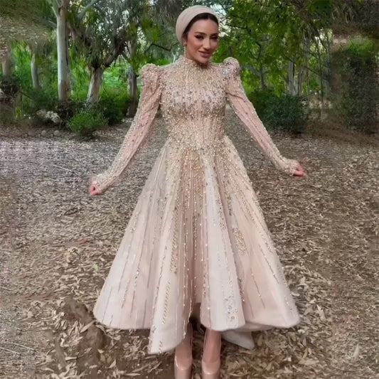 Muslim A-Line Luxury Pearls Beaded Nude  Midi  Ankle Length Evening Dresses Gowns Formal Woman Wedding Party LA72176