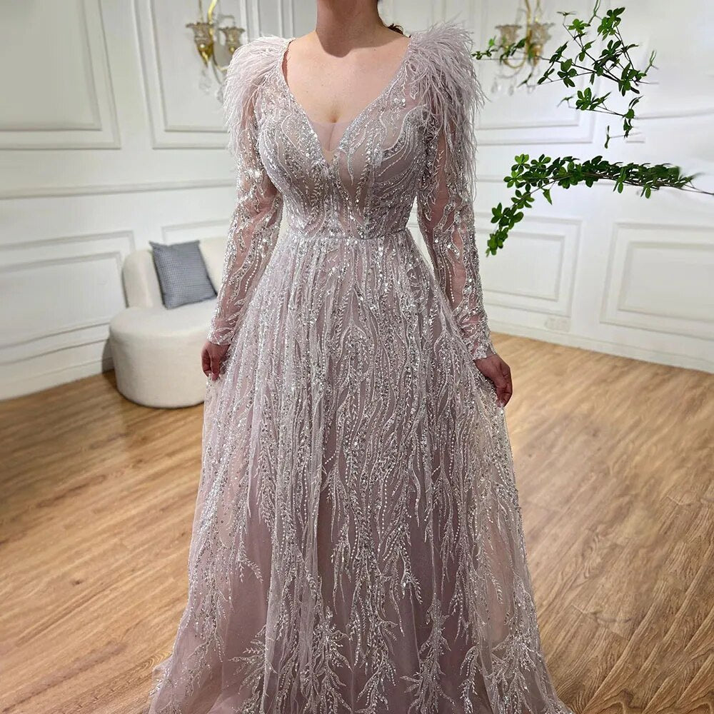 Vestidos de noche largos musulmanes beige con plumas y cuentas, de lujo, estilo Dubái, para mujer, para fiesta de boda, LA72172 