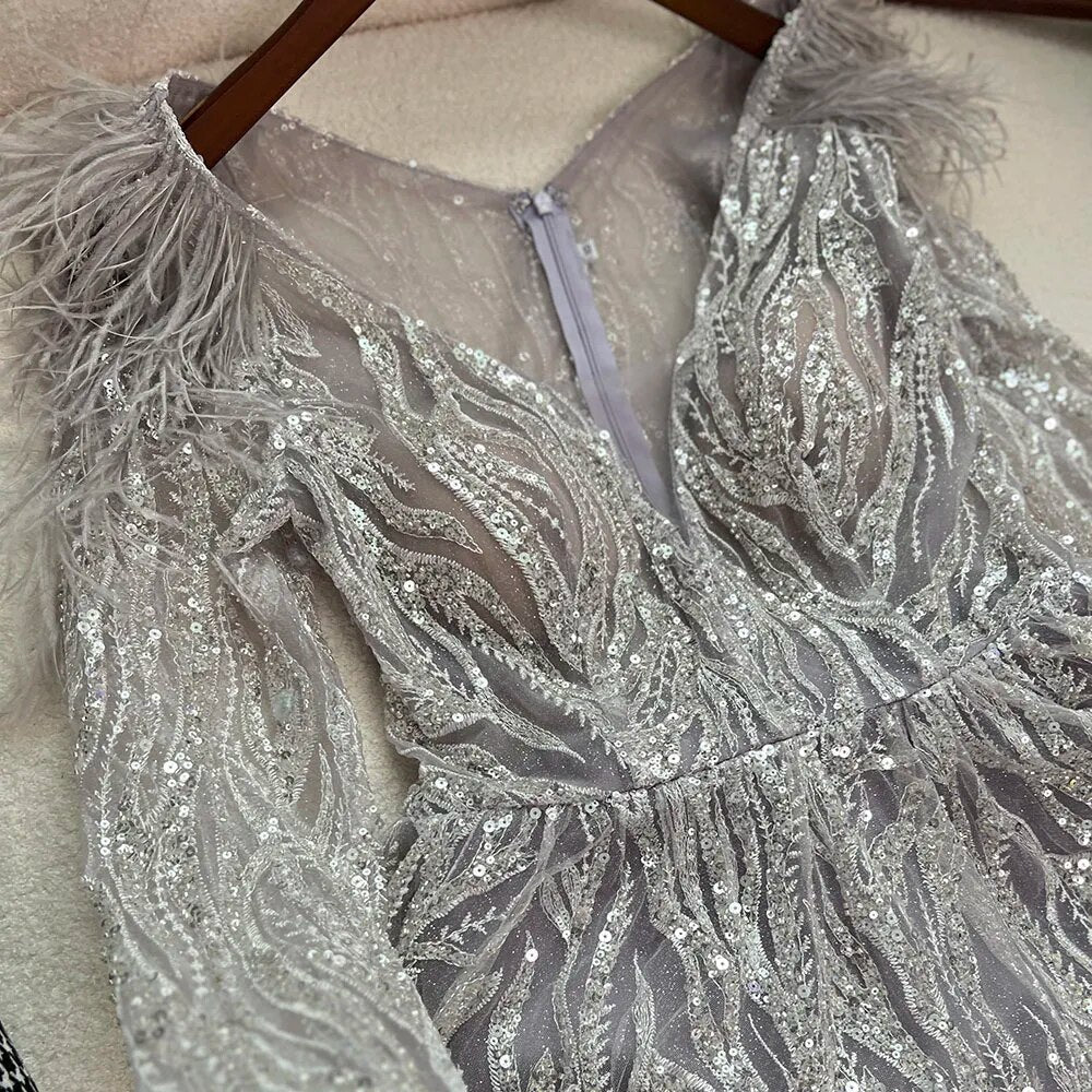 Muslim Beige A Line  Beaded Feathers Luxury Dubai Long Evening Dresses Gowns 2025 For Women Wedding Party LA72172