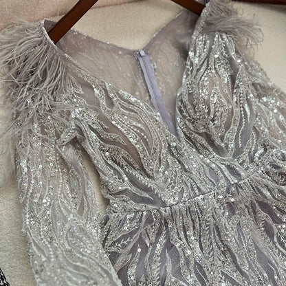 Muslim Beige A Line  Beaded Feathers Luxury Dubai Long Evening Dresses Gowns 2025 For Women Wedding Party LA72172