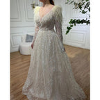 Vestidos de noche largos musulmanes beige con plumas y cuentas, de lujo, estilo Dubái, para mujer, para fiesta de boda, LA72172 
