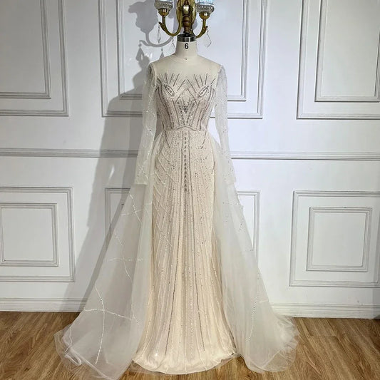 Muslim Beige Elegant Overskirt Mermaid Luxury Beaded Evening Dresses Gowns 2025 For Woman Party LA72528
