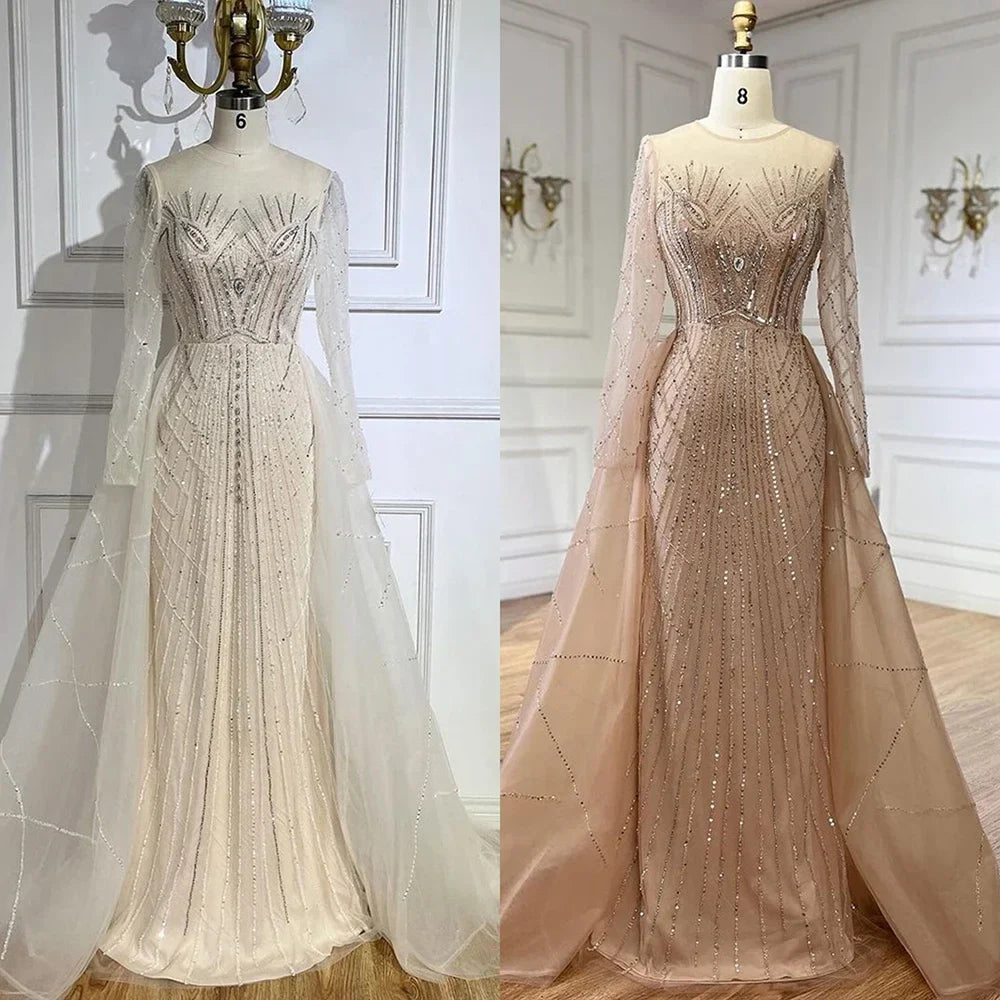 Muslimischen Beige Elegante Überrock Meerjungfrau Luxus Perlen Abendkleider Kleider 2025 Für Frau Party LA72528 